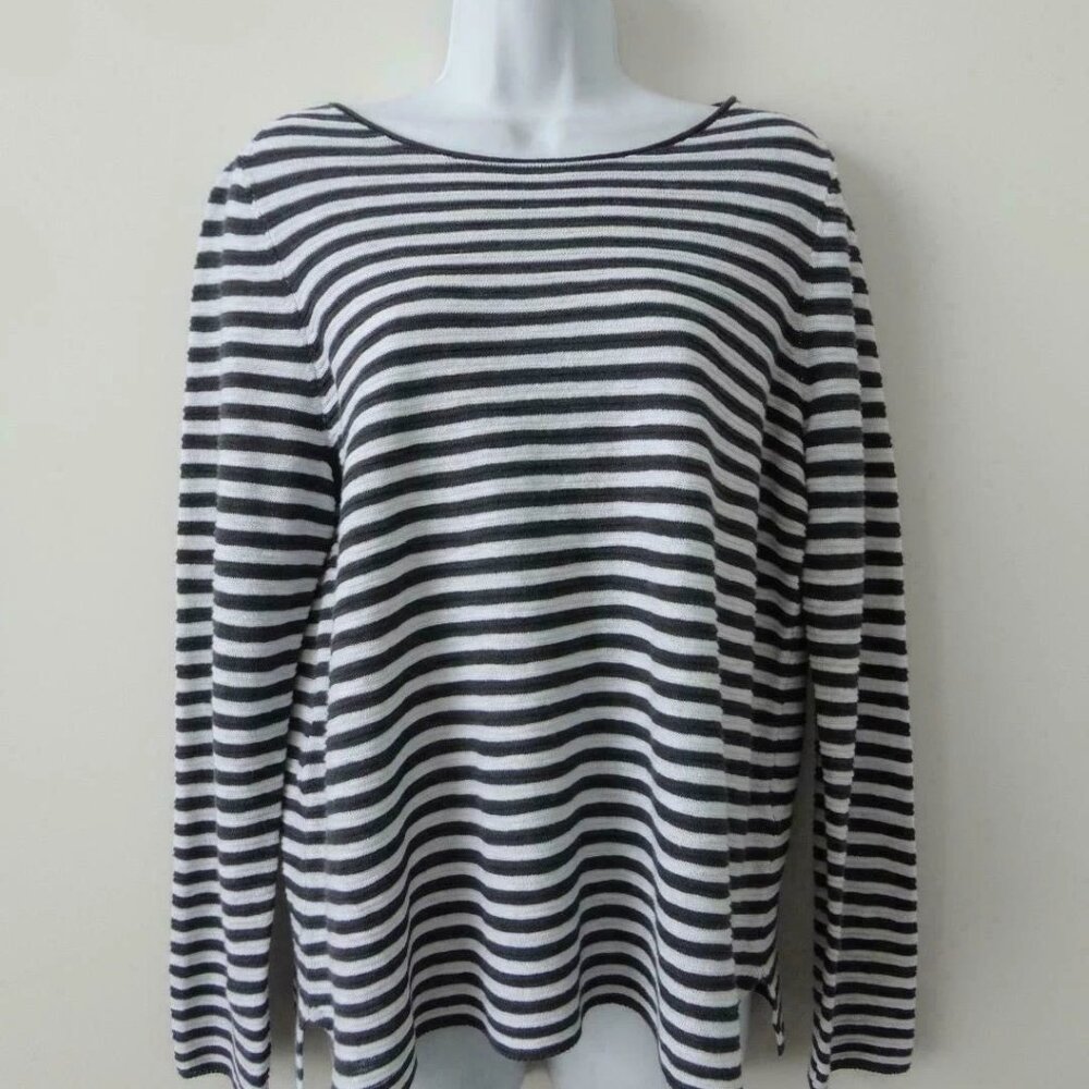 NWT EILEEN FISHER Graphite White Organic Linen Cotton Bateau Neck Top Sweater L